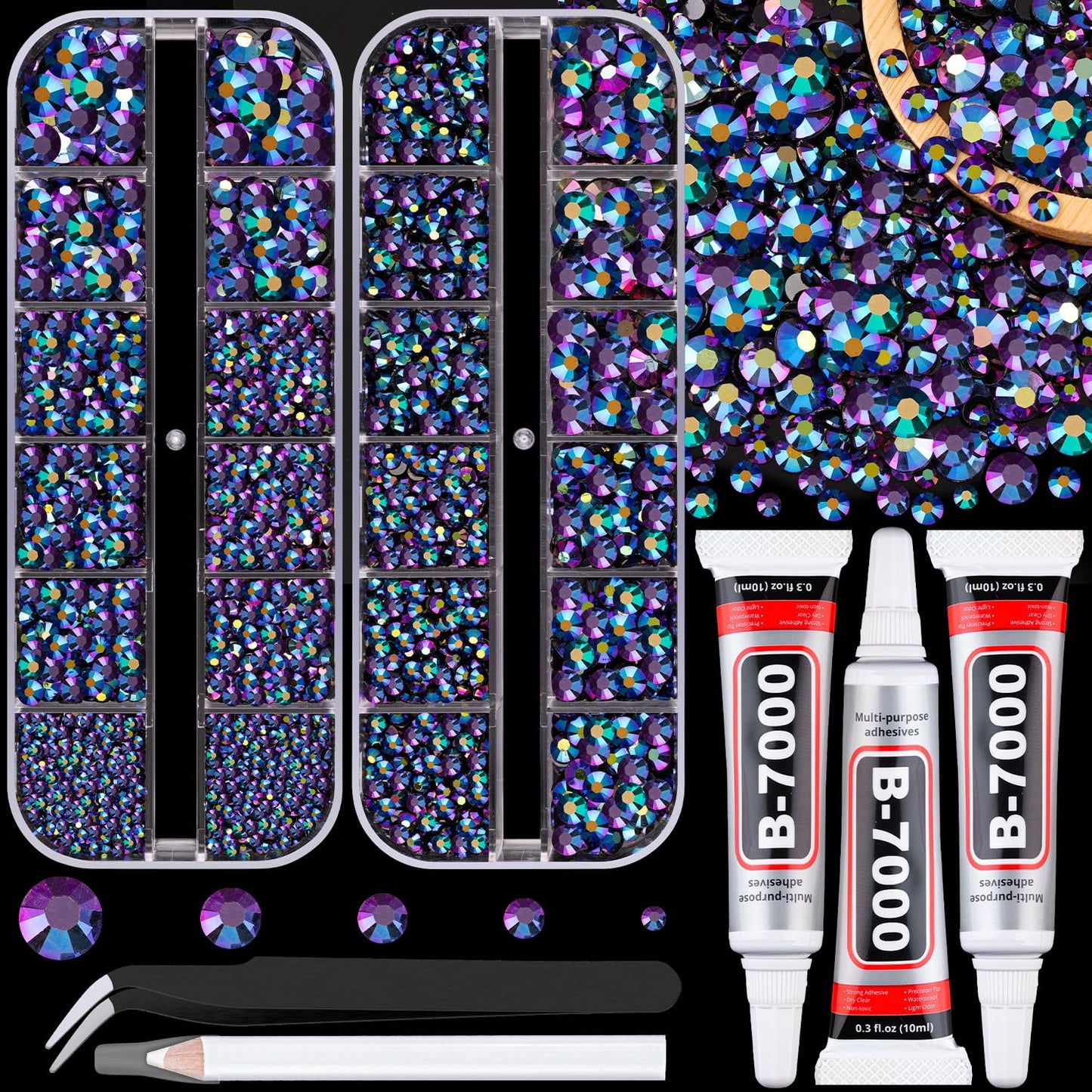 Resin Jelly Rhinestones for Crafting with B7000 Jewelry Glue, 2 Boxes Purplish Black AB Flatback Crystals with 3Pcs 10ml Glue, Bedazzling Non Hotfix Gems for DIY Tumblers Clothing Shoes Manicure-Velvo Beauty