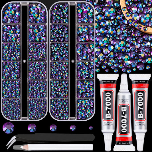 Resin Jelly Rhinestones for Crafting with B7000 Jewelry Glue, 2 Boxes Purplish Black AB Flatback Crystals with 3Pcs 10ml Glue, Bedazzling Non Hotfix Gems for DIY Tumblers Clothing Shoes Manicure-Velvo Beauty