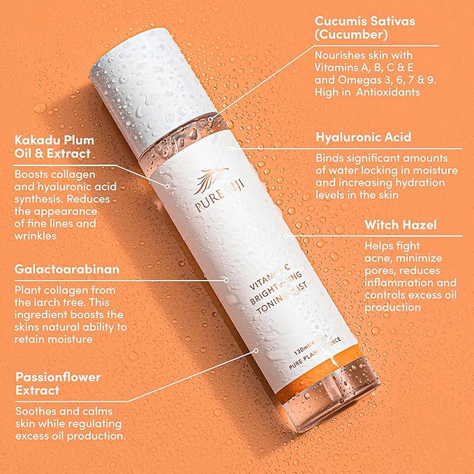 Pure Fiji Face Toner Mist with Vitamin C for Brightening & Refreshing Antioxidant Face Mist Hydrating Spray Helps Even Skin, Smooths Fine Lines and Wrinkles (4.4oz/130ml)-Velvo Beauty