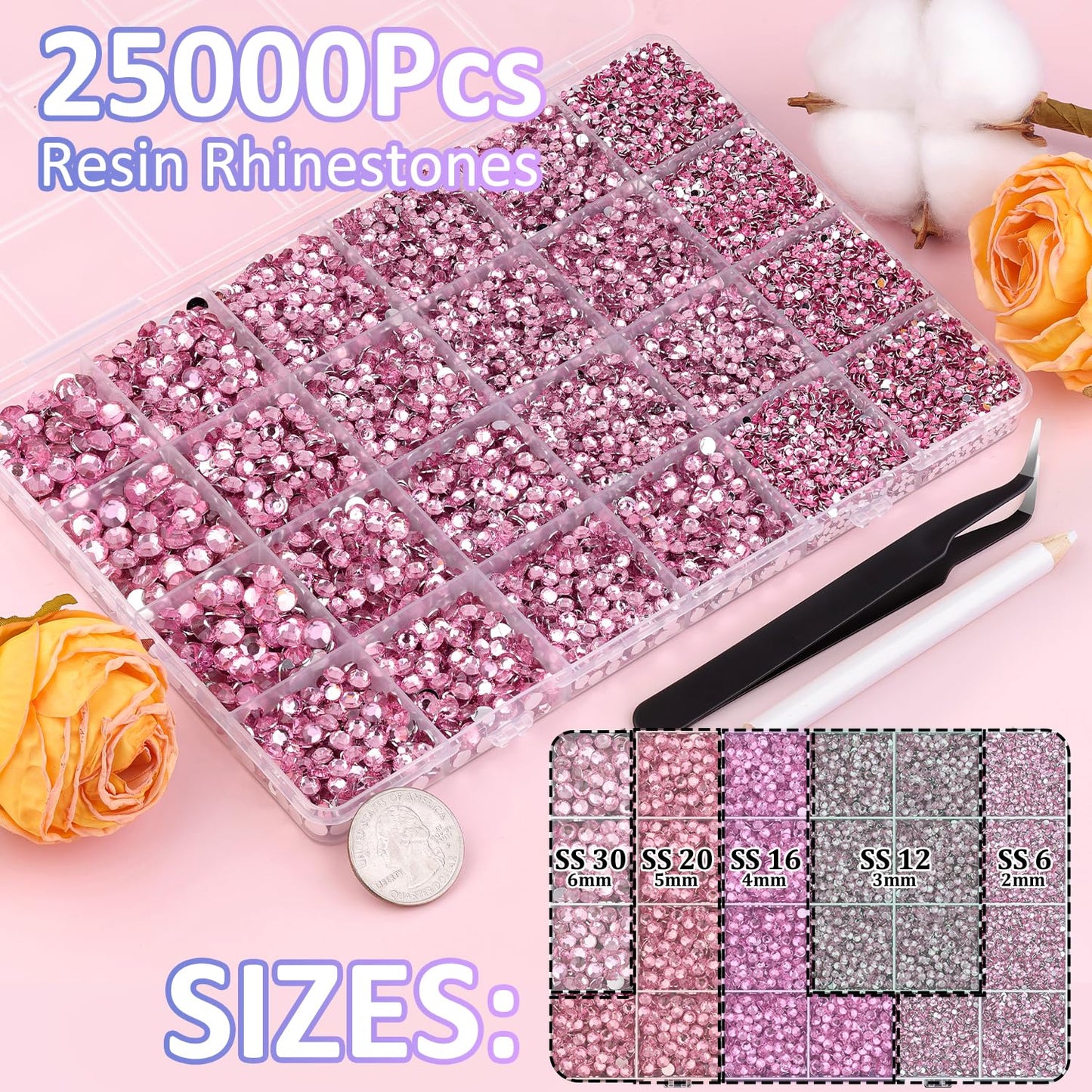 25000Pcs Resin Rhinestones with Tweezers for Crafting, Dark Pink 2-6mm Mixed Sizes Bedazzling Crystal with 3Pcs 10ml B7000 Jewelry Glue for DIY Crafts Clothing Tumblers Shoes Fabric Nail Art-Velvo Beauty
