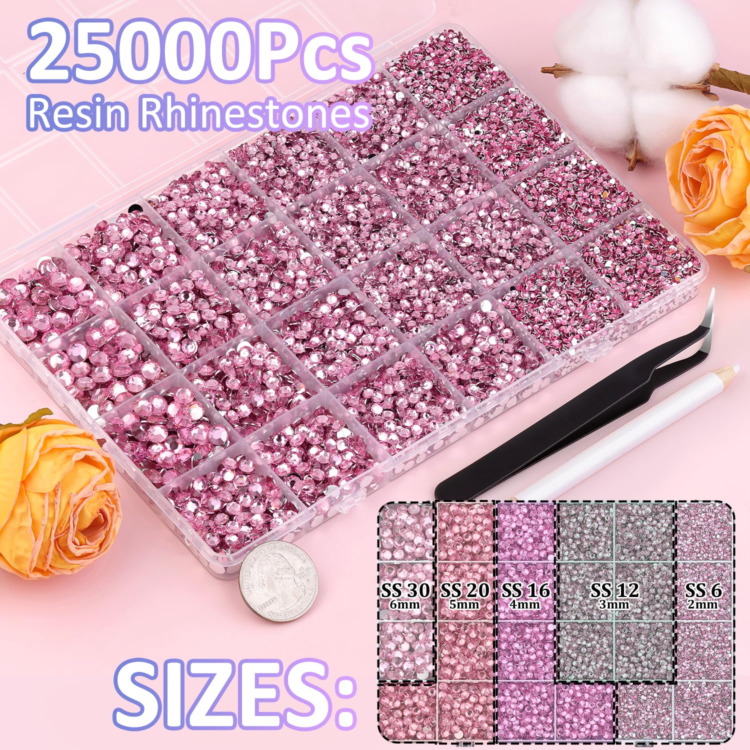 25000Pcs Resin Rhinestones with Tweezers for Crafting, Dark Pink 2-6mm Mixed Sizes Bedazzling Crystal with 3Pcs 10ml B7000 Jewelry Glue for DIY Crafts Clothing Tumblers Shoes Fabric Nail Art-Velvo Beauty