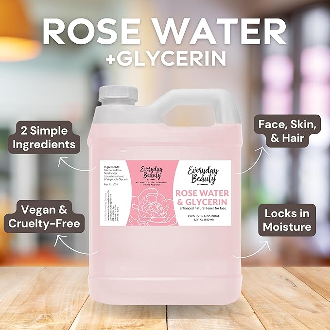 Rose Water & Glycerin Enhanced Facial Toner - 32oz Bulk Alcohol-Free Vegan All Natural Refreshing for Face and Hair - Uplifts, Calming & Soothing for All Skin Types…-Velvo Beauty