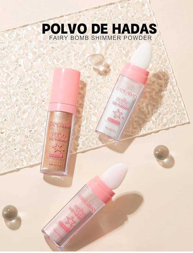 AKARY Body Glitter, Fairy Polvo De Hadas Shimmer Face Highlighter Powder & Blush Stick, Instant Glow Luminizer Duo, Glitter Face Hair High Gloss, Sparkle Smudge-Proof Highlighter Stick Party Makeup (#02 Fairy Pink)-Velvo Beauty