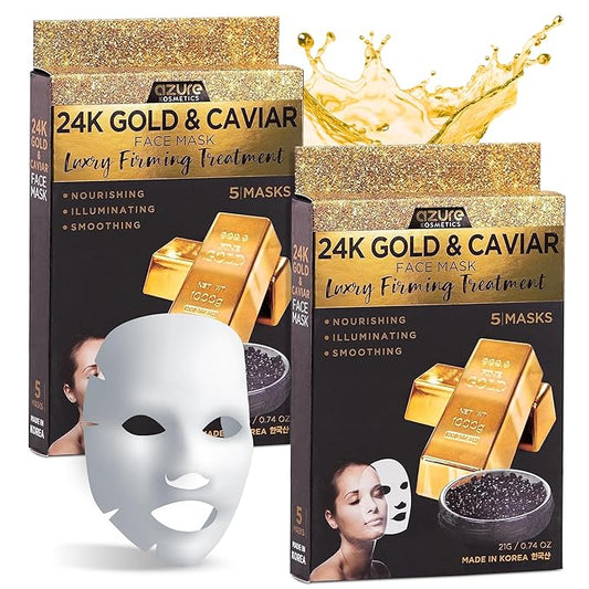 AZURE 24K Gold and Caviar Anti Aging Luxury Face Mask - Hydrating & Firming Facial Mask - Helps Reduce Wrinkles & Fine Lines with Hyaluronic Acid & Collagen - Skin Care Made in Korea - Pack of 10-Velvo Beauty