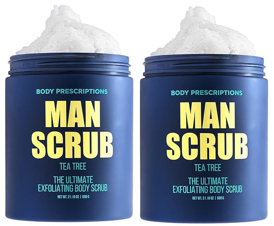 Body Prescriptions Men’s Exfoliating Body Scrub – Ultimate Skin Cleansing Wash in Jar with Twist-Top Lid, For All Skin Types, 21 Ounce (Pack of 2), Tea Tree-Velvo Beauty