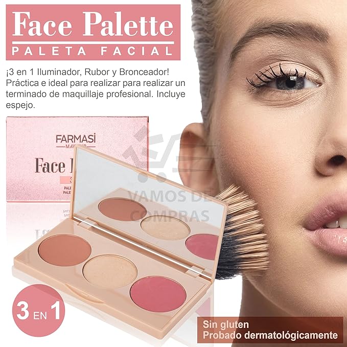 FARMASI Makeup Face Palette, Trio Eyeshadow, Long Lasting Face Sculpting, Blush and Highlighter Powder, Glow Contour Shadow Bronzer, All Skin Types, 0.52 oz. / 15 g (3 in 1 Face Palette)-Velvo Beauty