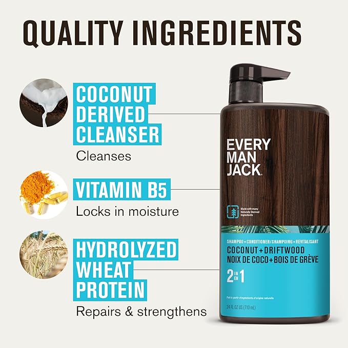 Every Man Jack 2-in-1 Daily Shampoo + Conditioner - Coconut & Driftwood | Nourishing For All Hair Types, Naturally Derived, Cruelty-Free Shampoo and Conditioner Set for Men | 24oz -1 Bottle-Velvo Beauty