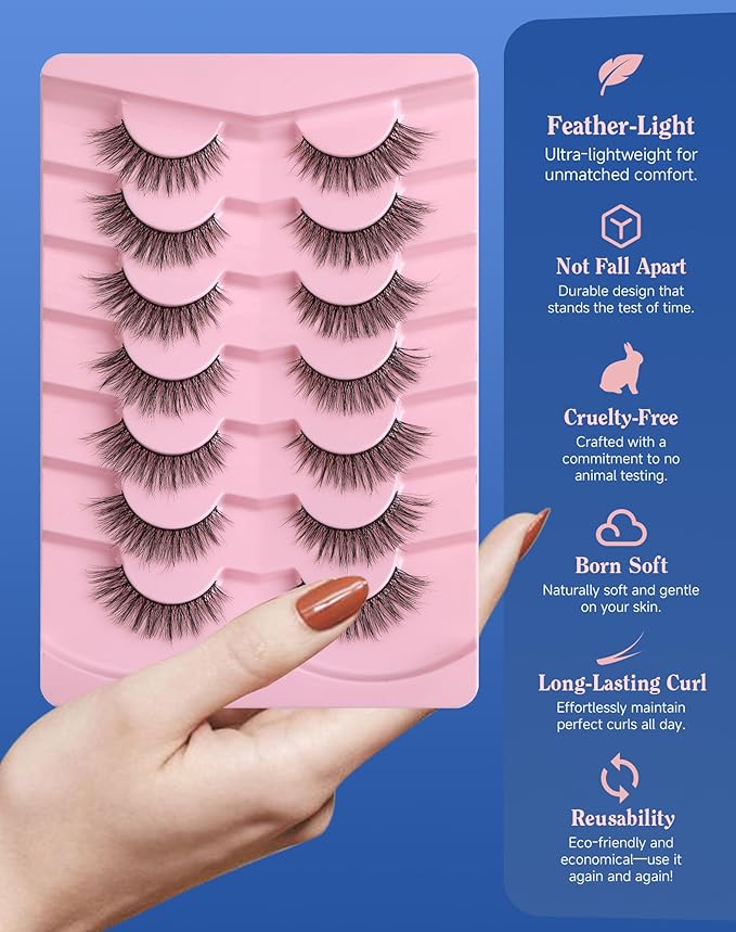 Natural Lashes Wispy False Eyelashes Strip Flared Natural Look Eyelash CatEye Lash Soft Lashes Fluffy Mink Eyelash Pack 7 Pairs 16MM D76-Velvo Beauty