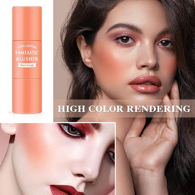 Cream Blush Stick with Brush,Waterproof Multi Cream Makeup Stick,Lightweight,Long-lasting,2 in 1 Multi Blush for Cheeks & Lip Tint & Eyeshadow Makeup(#03 Coral Orange)-Velvo Beauty