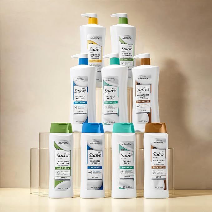 Suave Calming Relief Hand & Body Lotion for Women With Prebiotics For Sensitive Skin, Fragrance & Allergen Free, Helps Restore Skin's Moisture Barrier, 18 FL OZ, 6 Pack-Velvo Beauty