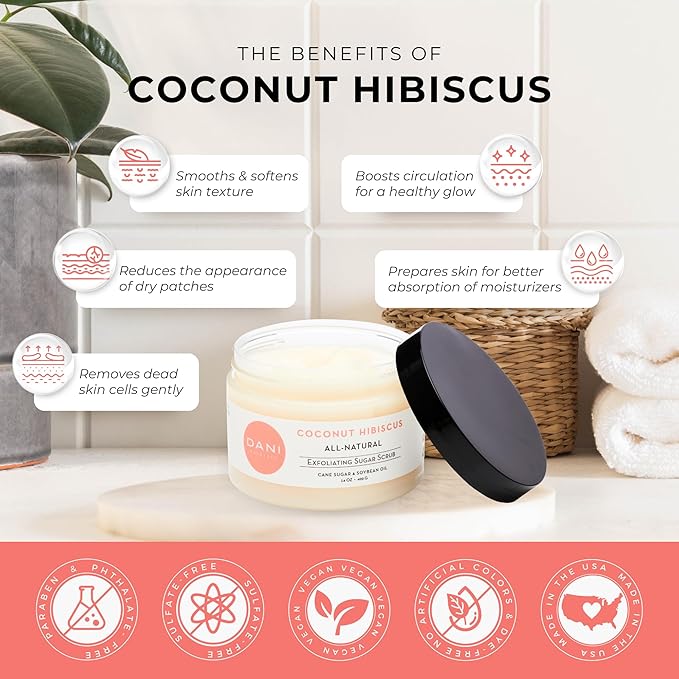 Naturals Exfoliating Sugar Scrub - Coconut Hibiscus, made with organic cane sugar and shea butter, gently exfoliates and deeply hydrates for smooth, radiant skin – 14 oz-Velvo Beauty