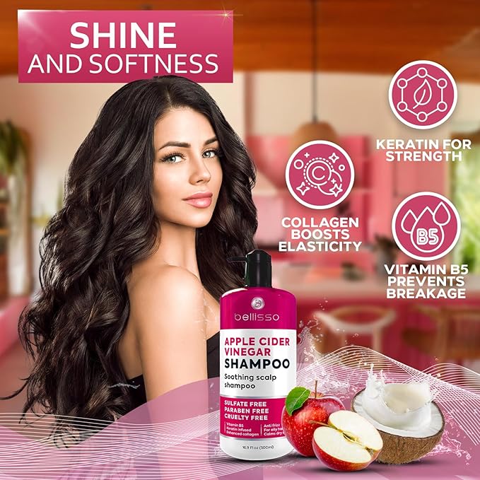 Apple Cider Vinegar Shampoo - Sulfate Paraben and Silicon Free Anti Dandruff Product for Women and Men - Deeply Moisturizing Formula - Dry Scalp Treatment for Oily Hair – Professional Grade Products-Velvo Beauty