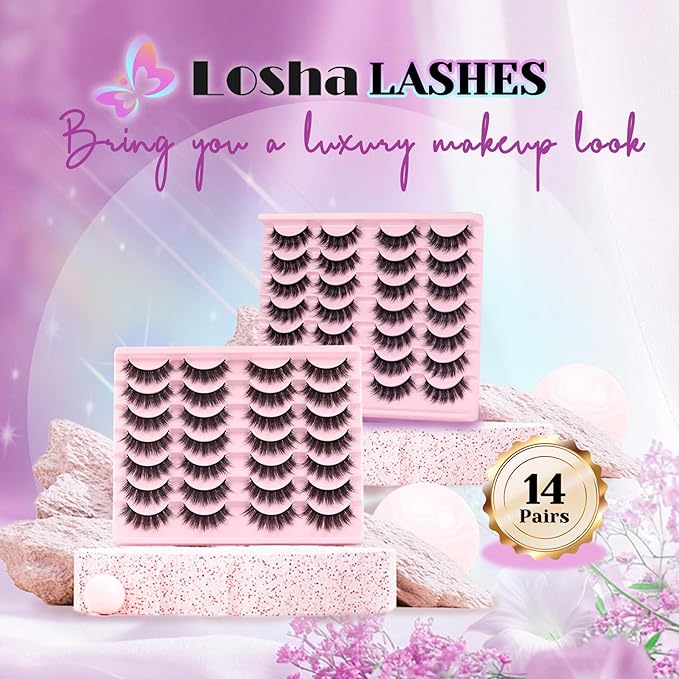 Losha Lashes Fluffy False Eyelashes 5D Volume Eye Lashes 14 Pairs Vegan Fake Eyelashes Soft Faux Mink Lashes Pack (Thrives Only)-Velvo Beauty