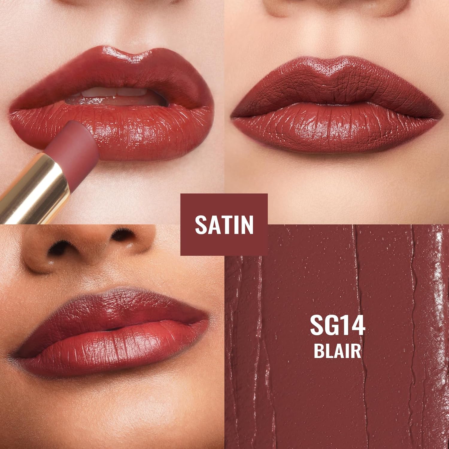 Oulac Color Rich Satin Lipstick - Red Brown Full Coverage Lip Color, Creamy Silky-Smooth, Moisturizing, Satin Matte Finish, Infused With Shea Butter, Vegan & Clean Beauty, 4g, SG14 Blair-Velvo Beauty