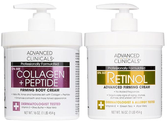 Advanced Clinicals Retinol Cream + Collagen Peptides Body Moisturizer & Face Lotion 2PC Skin Care Set | Dry Skin Body Lotion For Women & Men To Help Improve Appearance Of Crepey Skin, 2PC Bundle-Velvo Beauty