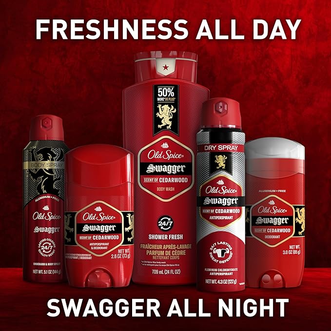 Old Spice Body Wash for Men, 24/7 Shower Fresh with Lasting Scent, Red Collection, Swagger with Cedarwood Scent, 24 fl oz (Pack of 2)-Velvo Beauty