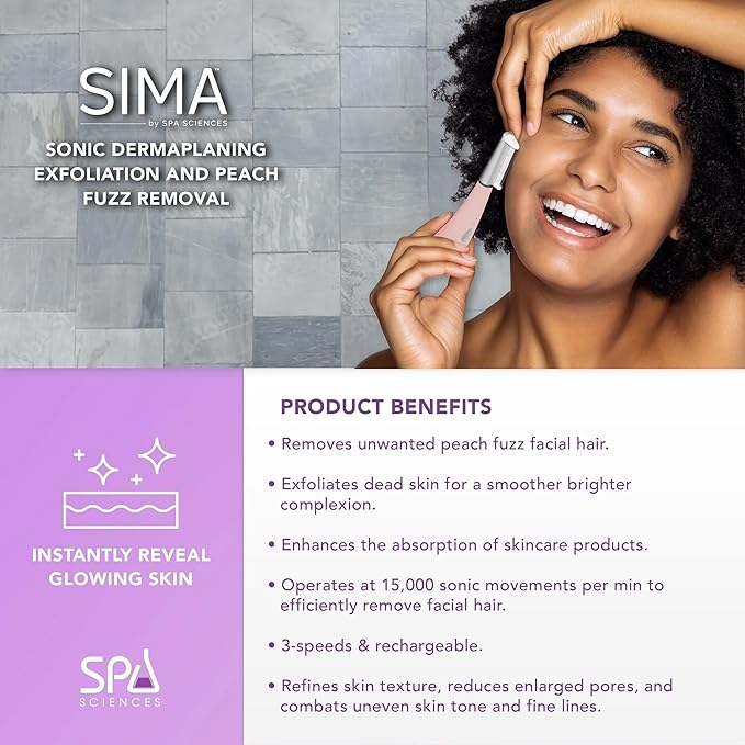 SPA SCIENCES - SIMA Patented Dermaplane Razor for Women Face – Painless 2-in-1 Facial Exfoliation & Peach Fuzz Hair Removal – Anti-Aging – 3 Speeds – Rechargeable – 19 Weeks Treatment-Velvo Beauty