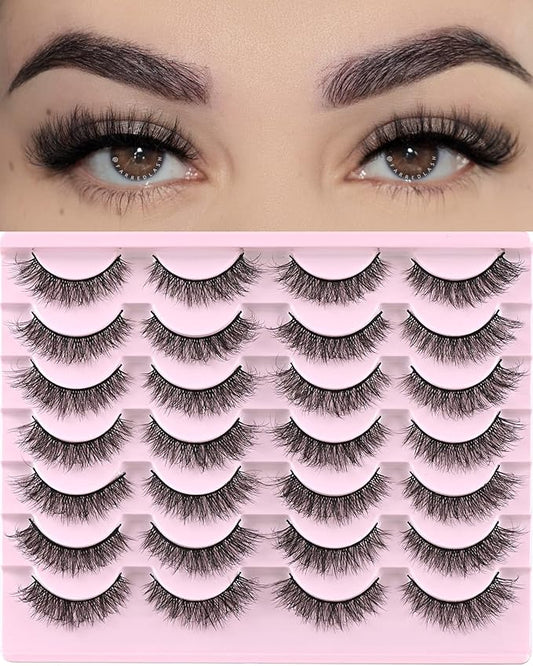 FARRED Natural Lashes Short Eyelashes Wispy False Mink Lash Pack 14 Pair Natural Look Fluffy Cat Eye Strip Eyelash Small Fake Lashes Full Pestañas Sets for MUA and Beginners Daily Makeup (F1 | 8-14mm)-Velvo Beauty