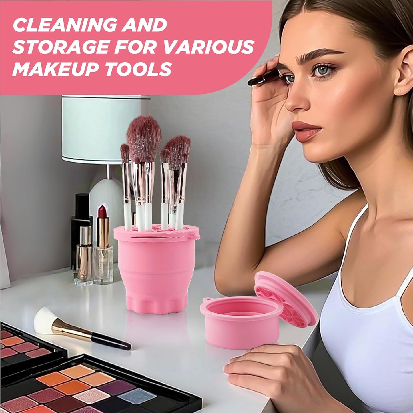 Makeup Brush Cleaner - Foldable Silicone Makeup Brush Cleaner Mat with Brush Storage Holder Makeup Brush Cleaning Bowl Cosmetic Brush Washing Tool for Cleaning Organizer and Drying (Pink)-Velvo Beauty