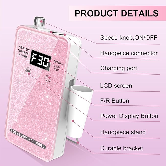Professional Electric Nail Drill File:COSYGLOW Glitter Portable Cordless E-File Nail Drill Kit with 11 Drill Bits,30000 RPM Rechargeable Nail Drills Machine for Acrylic Nails Gel Polishing (Pink)-Velvo Beauty