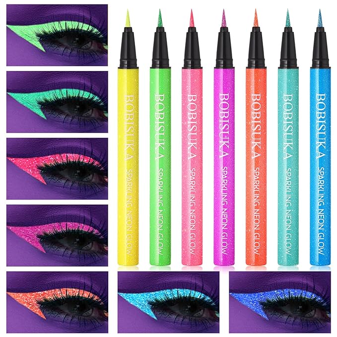 BOBISUKA UV Shimmer Glow Liquid Eyeliner Set, 7 Colors Glitter Neon Colored Eyeliners Pen, Colorful Waterproof Pigmented Graphic Liners, Metallic Eye Makeup Kit for Rave Accessories Party-Velvo Beauty