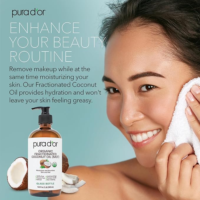 PURA D'OR 16.9 Oz ORGANIC Fractionated Coconut Oil MCT Oil (GLASS BOTTLE) 100% Pure & Natural USDA Certified Cold Pressed - Unscented, Hexane Free Moisturizer For Face, Skin & Hair Tonic - Men & Women-Velvo Beauty