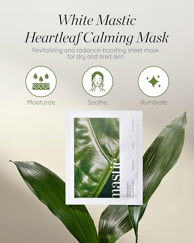 MASTINA White Mastic Face Mask (Heartleaf Calming, 4 pc) Premium Korean Skin Care for Soothing & Deep Moisturization. Sensitive Tired Skin White Mastic Cica Vegan Sheet Masks-Velvo Beauty