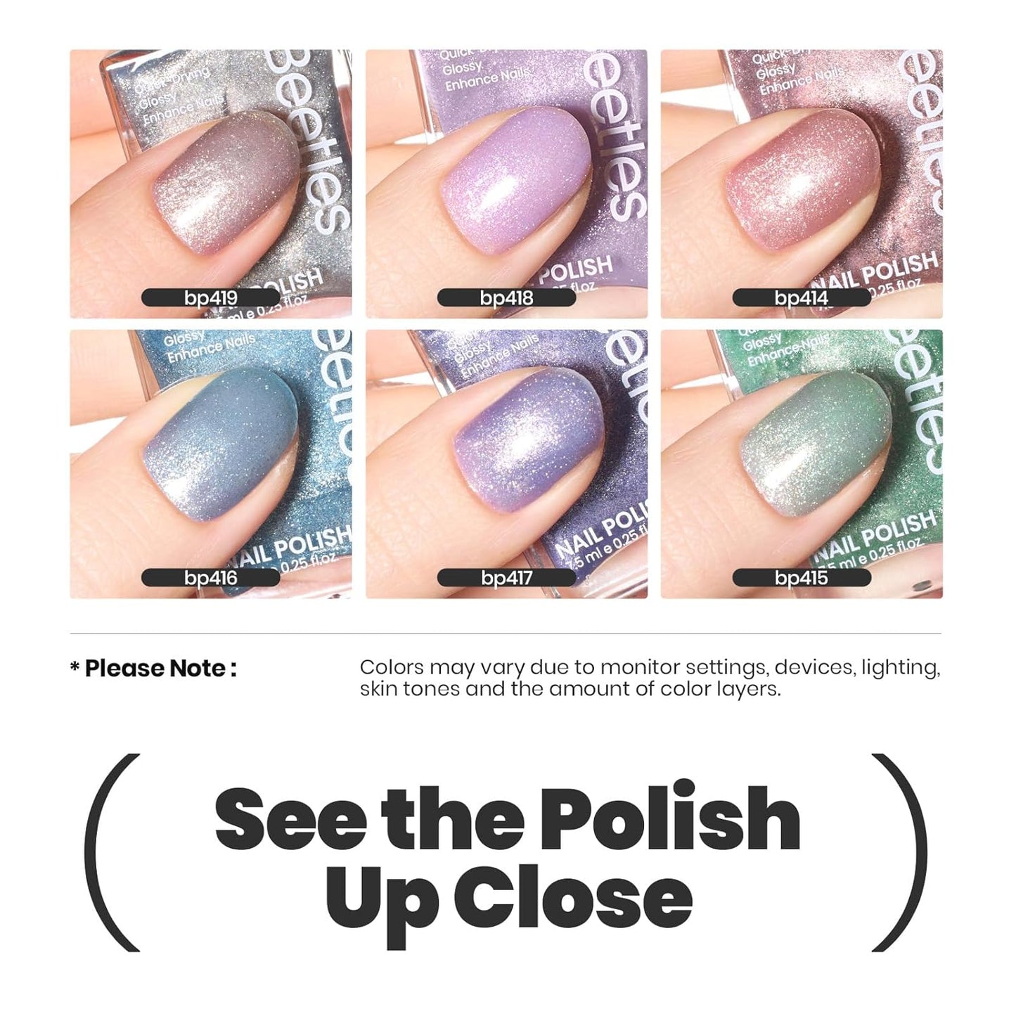 Beetles Glitter Nail Polish Set 6 Colors Glitter Fairy Gleam Quick Dry Nail Polish Shimmer Pink White Green Blue Purple Nail Lacquer Kit Fingernail Polish Diy Nail Art Gift For Women Girls-Velvo Beauty