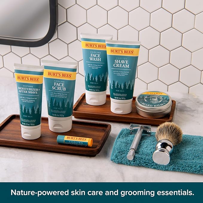 Burt's Bees Gifts Ideas - Grooming Essentials Kit, 4 Products for Men - Cooling Face Wash, Shave Cream, Soothing Moisturizer After Shave & Original Beeswax Lip Balm-Velvo Beauty