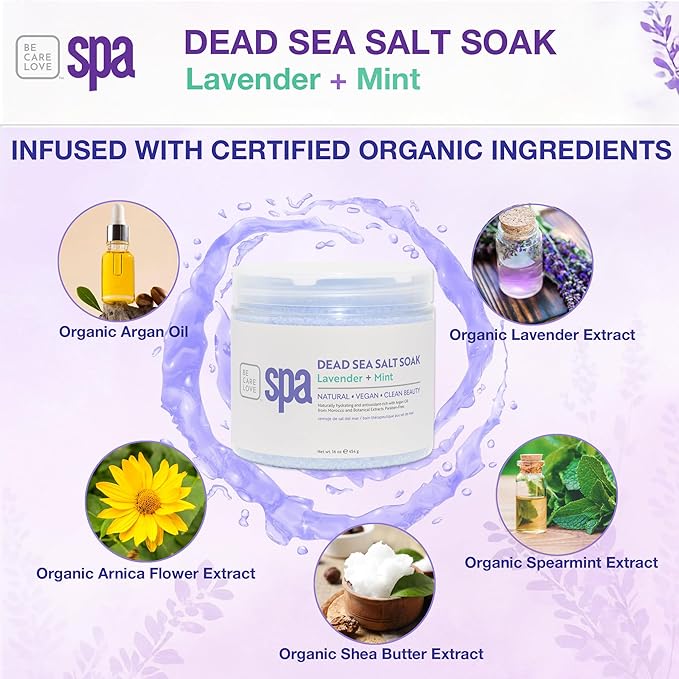 BCL SPA Dead Sea Salt Soak - Bath Salt with Organic Lavender + Mint, Shae Butter, Arnica, Aloe Vera Juice, Chamomile, Argan Oil & Jojoba Oil Skin Exfoliator- Home/Professional Use 16 fl oz-Velvo Beauty