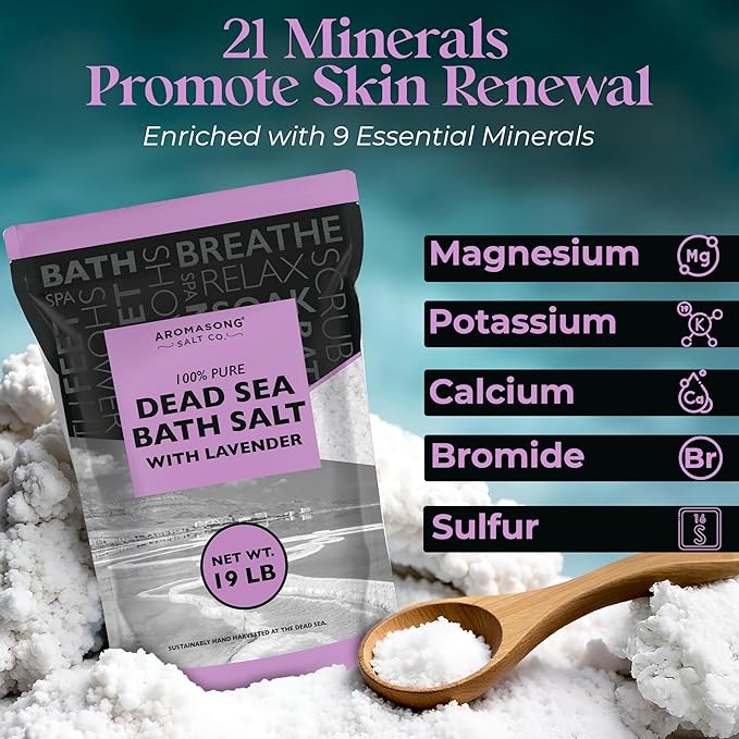 Aromasong Pure Dead Sea Salt for Soaking with 100% Natural Lavender, 19 LB - Spa Bath Salt Fine Grain - Body Wash Scrub - Soak for Women & Men- Bulk Resealable Pack-Velvo Beauty