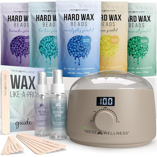 Tress Wellness Waxing Kit for Sensitive Skin – Safe for Face & Skin, Prep & Aftercare Spray, Easy to Use – At-Home Kit for Face, Bikini, Brazilian & Full Body - Digital Display, Beige-Velvo Beauty