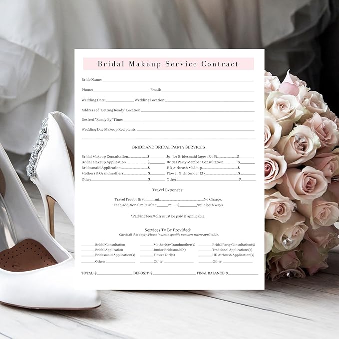 Bridal Makeup Service Contract | 100 Pack | 8.5 x 11" A1 Forms | Makeup Artist Supplies | Bridal Contract | White and Pink Forms-Velvo Beauty