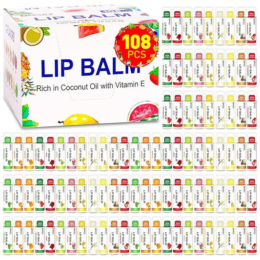 DMSKY 108 Pack Lip Balm, Natural Lip Balm Bulk with Vitamin E and Coconut Oil, Moisturizing Lip Balm for Dry Cracked Lips, Lip Balm for Stocking Stuffers-12 Flavors-Velvo Beauty