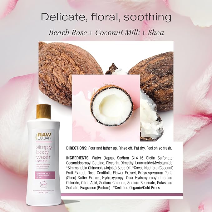 RAW SUGAR Simply Body Wash, Beach Rose + Coconut Milk + Shea (25 Fl Oz, Pack of 3) Sensitive Skin Bath Soap, Formulated without Sulfates & Parabens…-Velvo Beauty