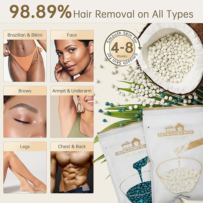 Lifestance Waxing Kit for Women & Men - L3 Digital Warmer, Silicone Wax Pot Liner, Hair Removal Kit with 4 Hard Wax Beads (14.1oz) & 45 Accessories, Professional for Brazilian, Bikini, Face, Leg, Body-Velvo Beauty