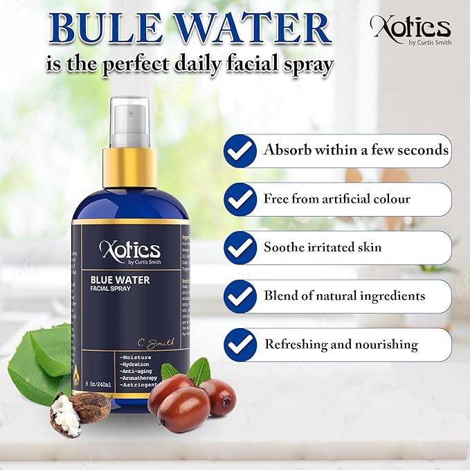 Xotics Blue Water Facial Spray - 8oz - Hydrating Face Mist with Aloe Vera - Refreshing Toner for Men & Women, Aftershave, Daily Moisturizing Splash for All Skin Types-Velvo Beauty
