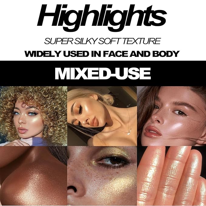 Cream Highlighter Compact, Highly Pigmented Glitter Powder Makeup, Face Highlighters & Luminizers Makeup Palette, Body Cheek Gold Pink Metallic Sparkle Glitter Shimmer Bronzer (#04 Banana)-Velvo Beauty