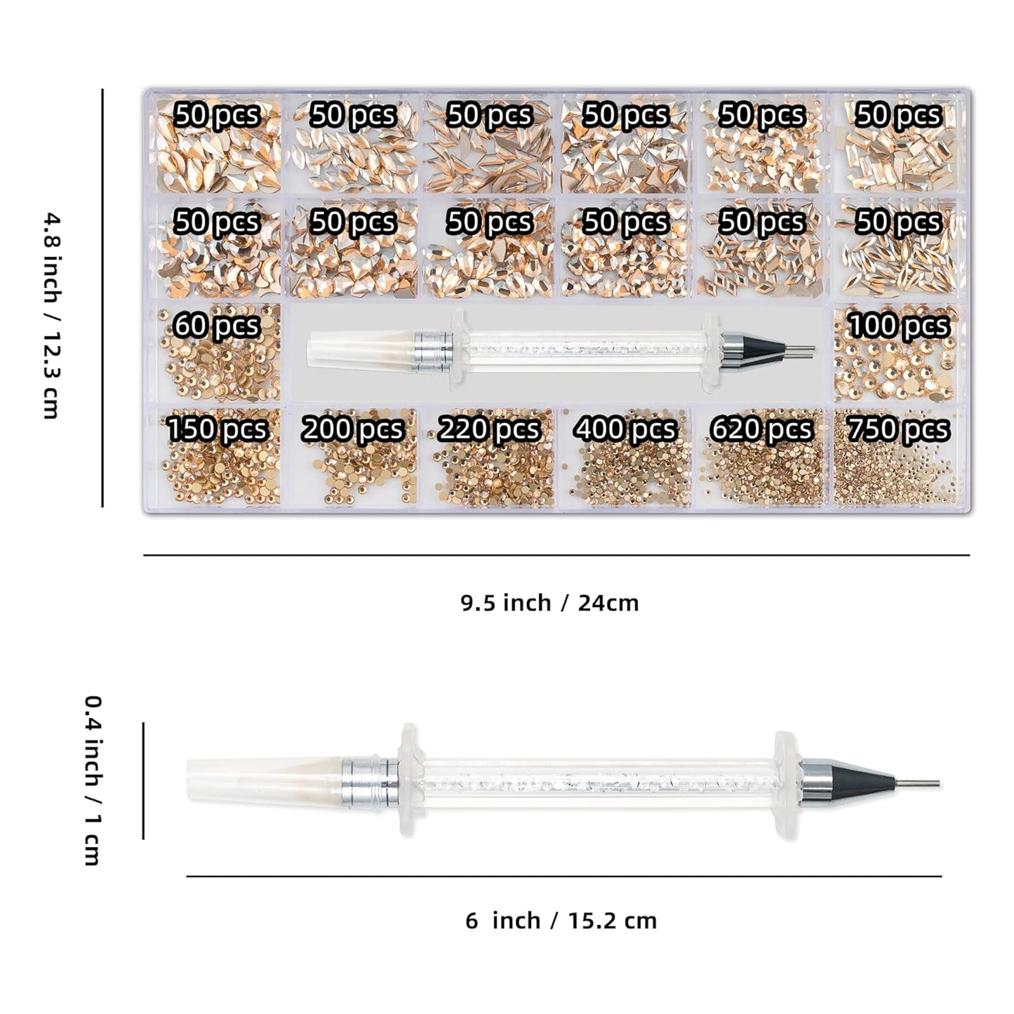 Nail Rhinestones Kit, Nail Art Decorations with Wax Pencil Flat AB Rhinestones Kit DIY Crafts Gemstones for Nail, Shoes, Clothes, Jewels (600 Champagne diamonds + 2500 flat rhinestones)-Velvo Beauty