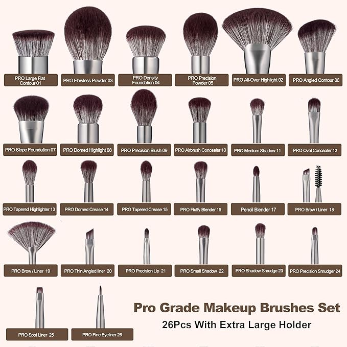 Bueart Design 26 Pcs Chocolate-colored Gift Makeup Brushes Set with Extra Large Holder,Elegant Make up Brushes for Foundation,Face Blending Powder, Contour, Highlight, Concealer, Eyeshadow-Velvo Beauty