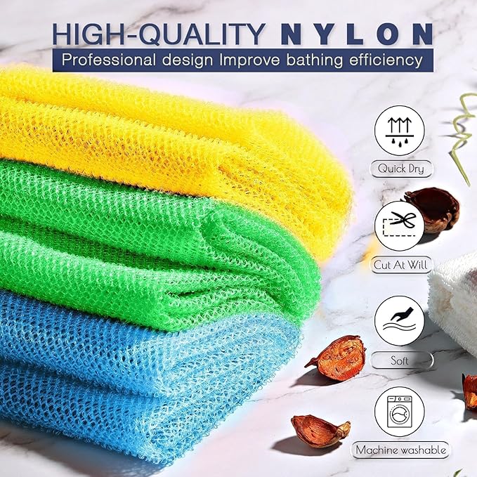UJFQBH 3 Pieces African exfoliating net African Net Long Net Bath Sponge Exfoliating Shower Body Scrubber Back Scrubber Skin Smoother,Great for Daily Use (Yellow, Green, Blue)-Velvo Beauty