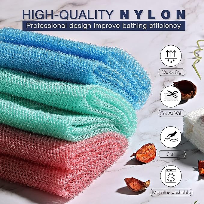 UJFQBH 3 Pieces African exfoliating net African Net Long Net Bath Sponge Exfoliating Shower Body Scrubber Back Scrubber Skin Smoother,Great for Daily Use (Pink, Blue, Green)-Velvo Beauty