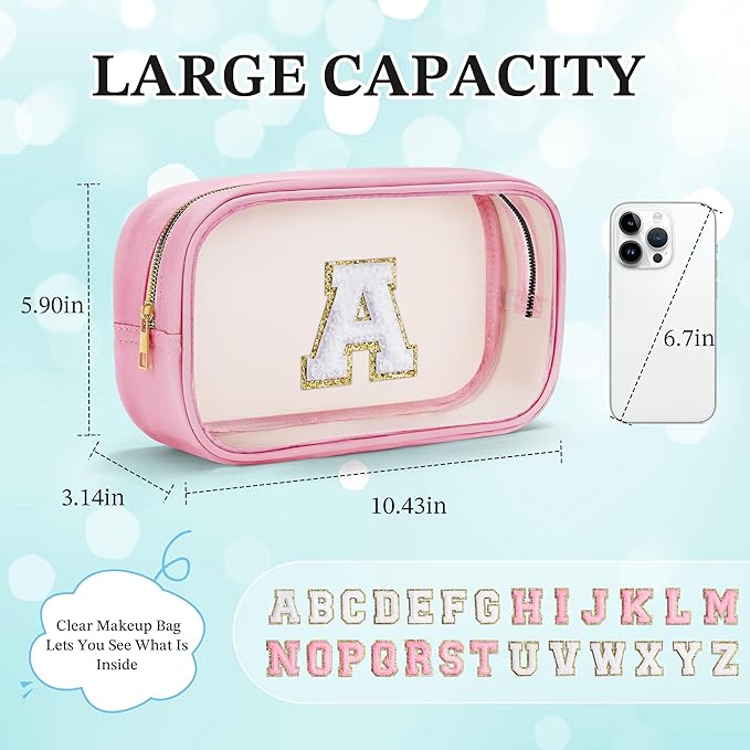 YOOLIFE Graduation Teacher Gifts Initial Clear Makeup Bag Birthday Gift Travel Toiletry Preppy Cosmetic Bags Birthday Gift for Girls Kids Travel Essentials Clear Toiletry Bag A-Velvo Beauty