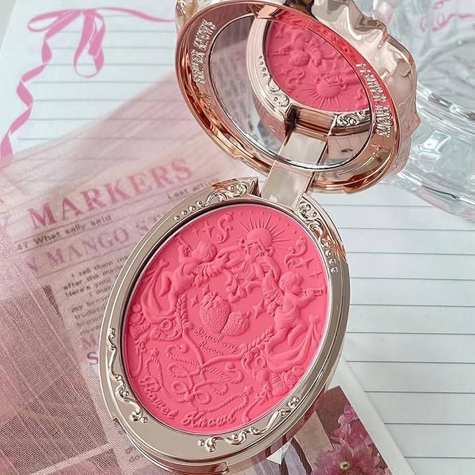 Flower Knows Strawberry Rococo Embossed Blush;Pink Matte Finish;Buildable & Blendable Powder Blush for cheeks,Natural Flush for All Skin Tones(G01 Romantic Blossom,4.6g)-Velvo Beauty