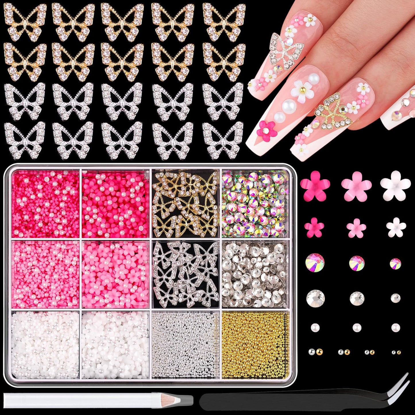 3D Nail Charms and Gems Set 3, 20PCS Gold and Silver Chunky Butterfly Nail Charms with Rhinestones, 3D Flowers for Nails, Crystal and Pearls + Metal Caviar Beads + Picker Tool for Y2K Nail Decoration-Velvo Beauty
