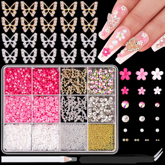 3D Nail Charms and Gems Set 3, 20PCS Gold and Silver Chunky Butterfly Nail Charms with Rhinestones, 3D Flowers for Nails, Crystal and Pearls + Metal Caviar Beads + Picker Tool for Y2K Nail Decoration-Velvo Beauty
