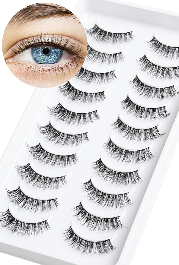 Lashes Wispy False Eyelashes Cat Eye Lashes Natural Look 3D Volume Fake Eyelashes Thin Band Lashes 12mm Natural Eye Lashes C Curl Siligli Lashes Pack 10 Pair-Velvo Beauty