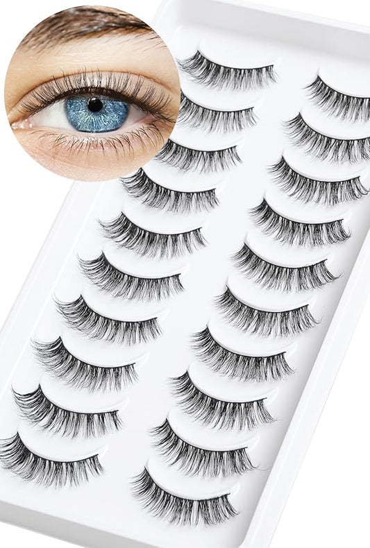 Lashes Wispy False Eyelashes Cat Eye Lashes Natural Look 3D Volume Fake Eyelashes Thin Band Lashes 12mm Natural Eye Lashes C Curl Siligli Lashes Pack 10 Pair-Velvo Beauty