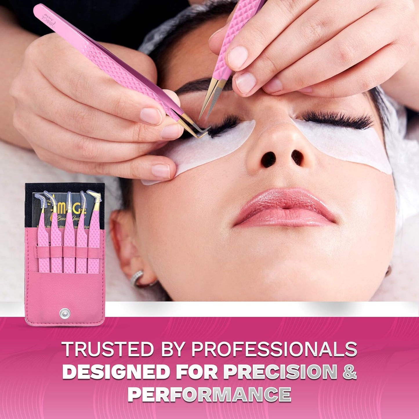 5 Pcs Fiber-Tip Japanese Steel Lash Tweezer Set with Leather Case, Professional Eyelash Tweezers for Lash Extensions – Titanium Coated, 90 & 45 Angled, Precision Pointed Tweezers (PINK)-Velvo Beauty