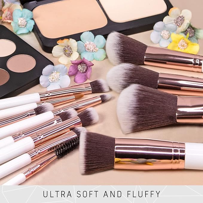 Niré Beauty White 15piece Award Winning Professional Makeup Brush Set: Vegan Makeup Brushes with Case, Makeup Sponge, Cleaner, Guide, Gift Box-Velvo Beauty